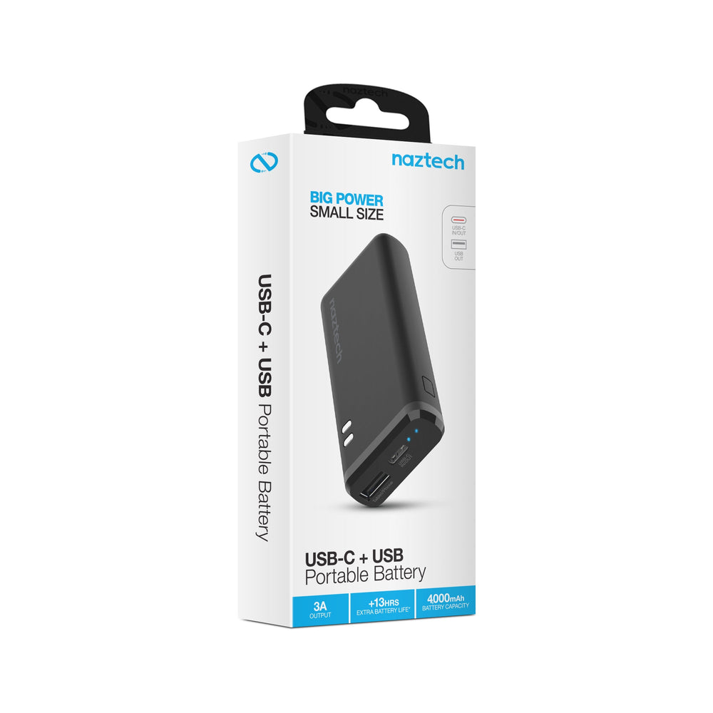 Naztech 4000mAh USB-C Power Bank | Dual-Port Portable Charger | Compact USB-C External Battery for Travel & Everyday Use