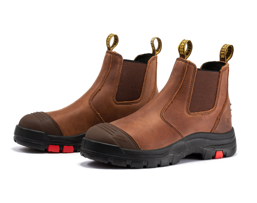 ROCKROOSTER Lumen Brown 6-Inch Pull-On Leather Work Boots AK224 | Durable Slip-On Safety Footwear | Comfortable Leather Work Boots