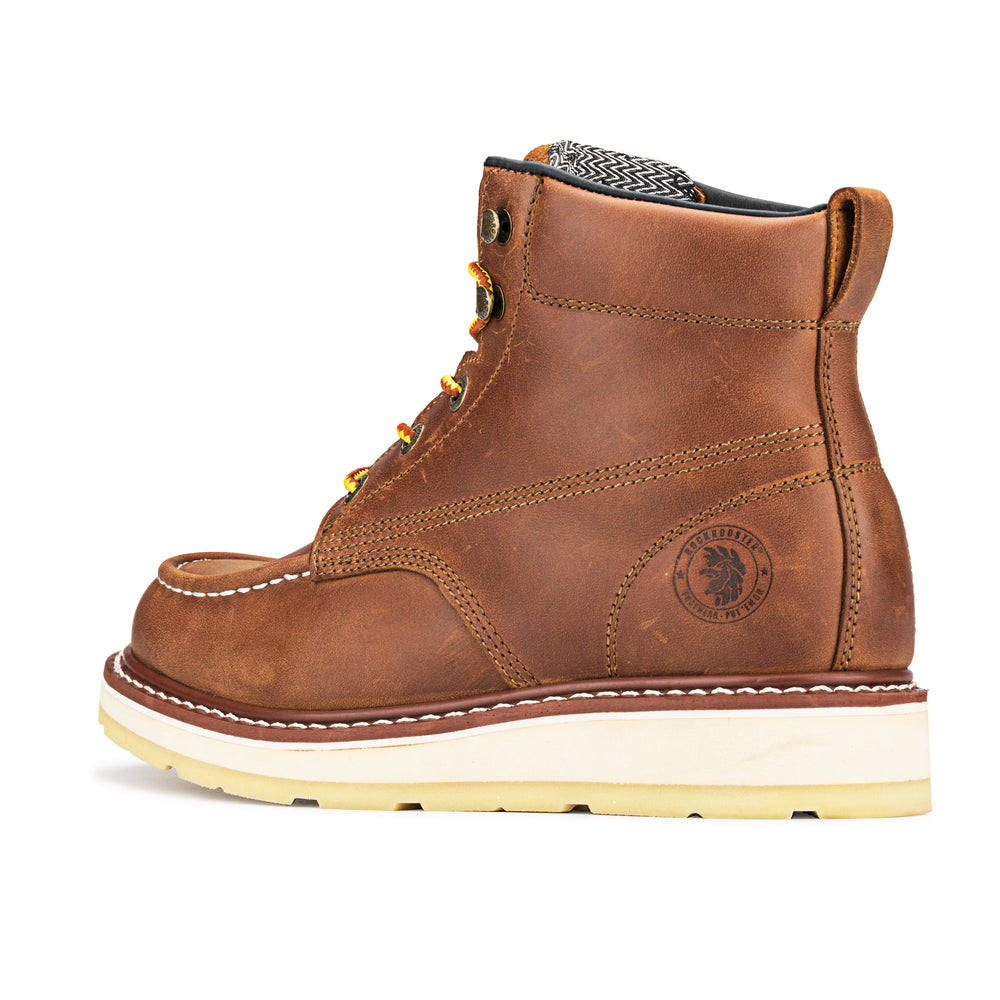 ROCKROOSTER Edgewood Men’s 6-Inch Brown Soft Toe Wedge Work Boots | Durable Leather Safety Footwear | Comfortable Outdoor & Work Boots