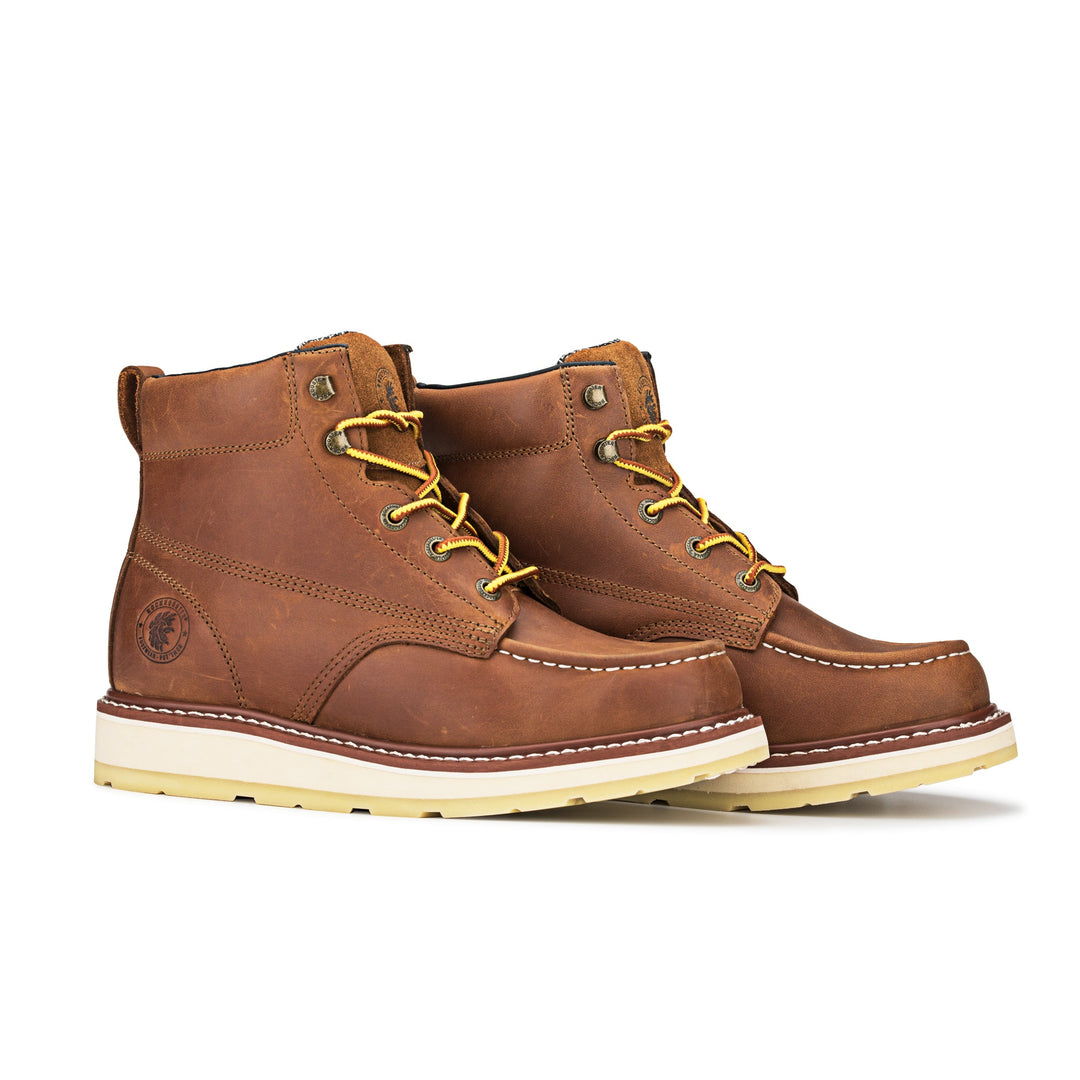 ROCKROOSTER Edgewood Men’s 6-Inch Brown Soft Toe Wedge Work Boots | Durable Leather Safety Footwear | Comfortable Outdoor & Work Boots