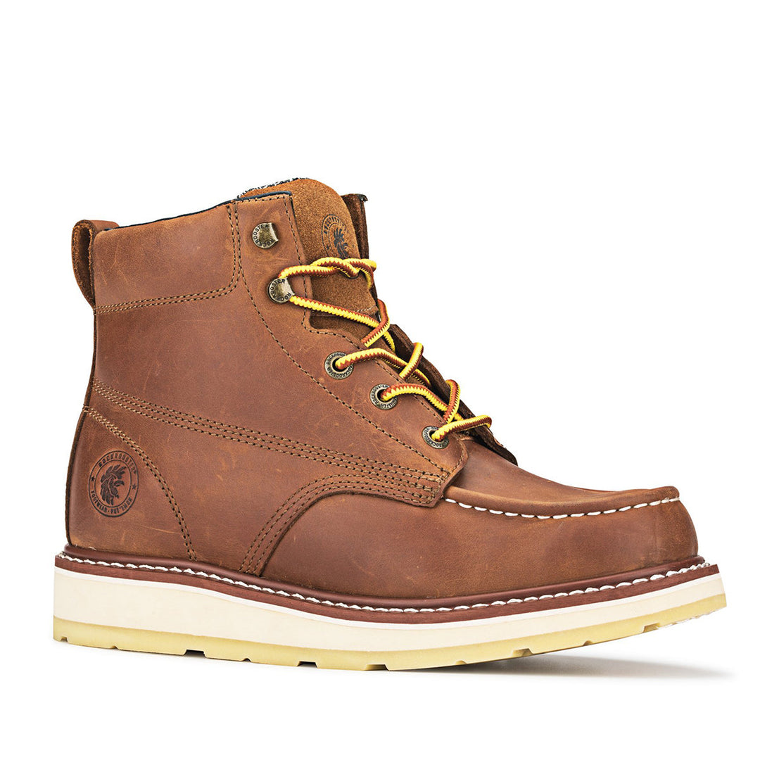 ROCKROOSTER Edgewood Men’s 6-Inch Brown Soft Toe Wedge Work Boots | Durable Leather Safety Footwear | Comfortable Outdoor & Work Boots