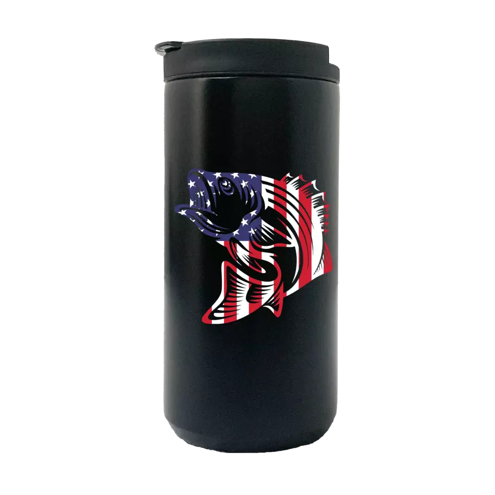 American Flag Fish 14oz Insulated Coffee Tumbler | Stainless Steel Travel Mug | Patriotic Outdoor Drinkware