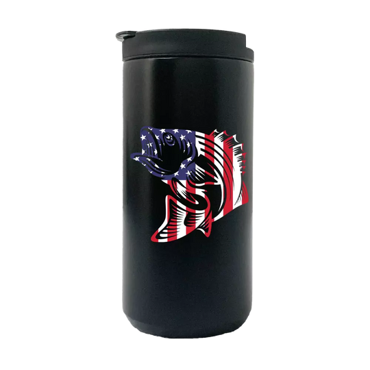 American Flag Fish 14oz Insulated Coffee Tumbler | Stainless Steel Travel Mug | Patriotic Outdoor Drinkware