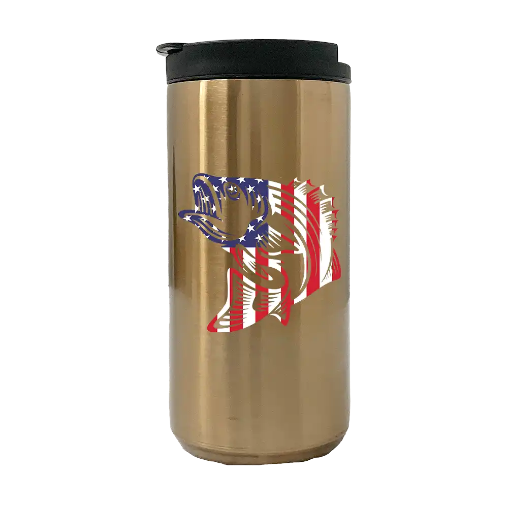 American Flag Fish 14oz Insulated Coffee Tumbler | Stainless Steel Travel Mug | Patriotic Outdoor Drinkware