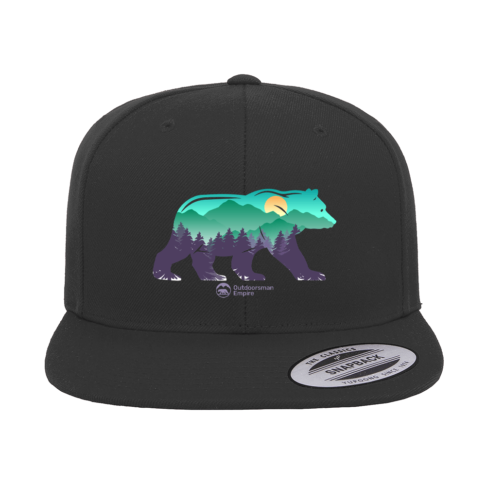 Bear Printed Snapback Flat Bill Cap | Outdoor Graphic Hat | Stylish Adventure & Casual Headwear