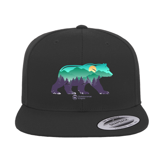 Bear Printed Snapback Flat Bill Cap | Outdoor Graphic Hat | Stylish Adventure & Casual Headwear