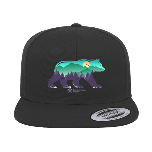 Bear Printed Snapback Flat Bill Cap | Outdoor Graphic Hat | Stylish Adventure & Casual Headwear