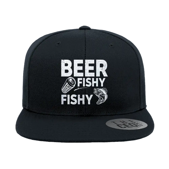 Beer Fishy Fishy Embroidered Flat Bill Cap | Fun Outdoor Fishing Hat | Casual Adventure & Boating Headwear