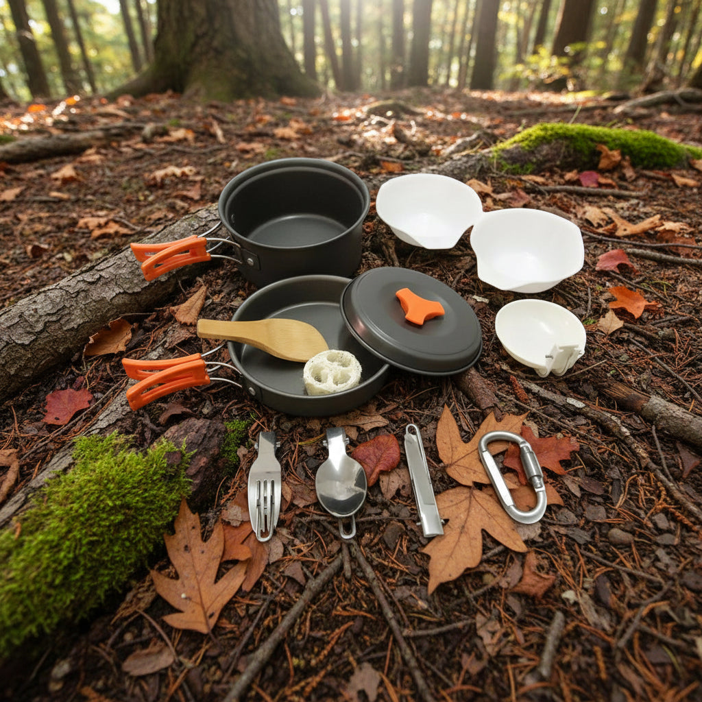 Camping cookware set with pots, pans, utensils, and a carabiner on a green background