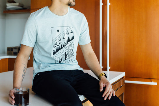 Ice Blue Mountain Ski T-Shirt | Winter Adventure Graphic Tee | Hand-Printed Unisex Hiking & Nature Shirt