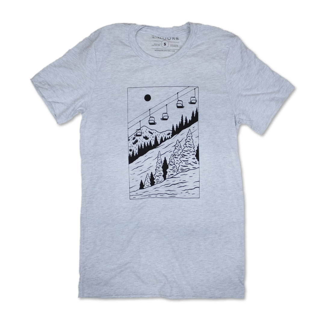 Ice Blue Mountain Ski T-Shirt | Winter Adventure Graphic Tee | Hand-Printed Unisex Hiking & Nature Shirt