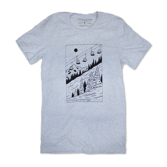 Ice Blue Mountain Ski T-Shirt | Winter Adventure Graphic Tee | Hand-Printed Unisex Hiking & Nature Shirt
