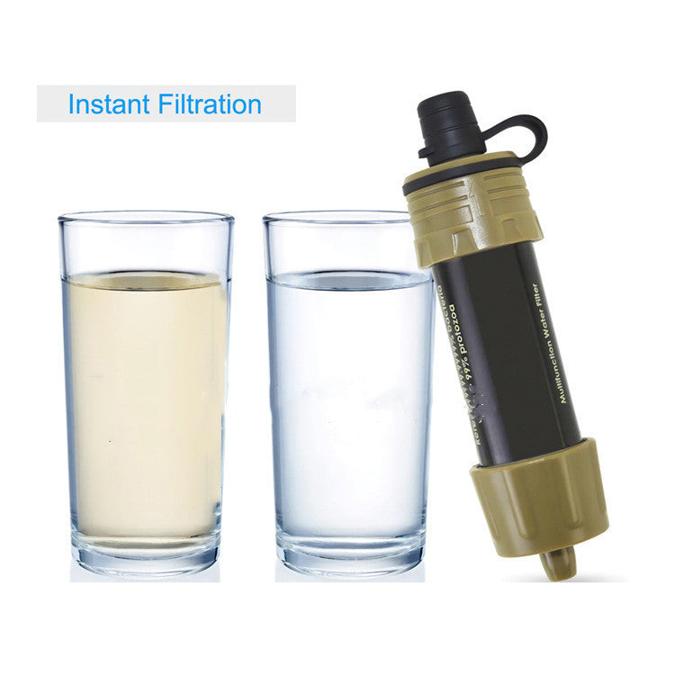 Water filter and two glasses, one containing clear water and the other a cloudy liquid.