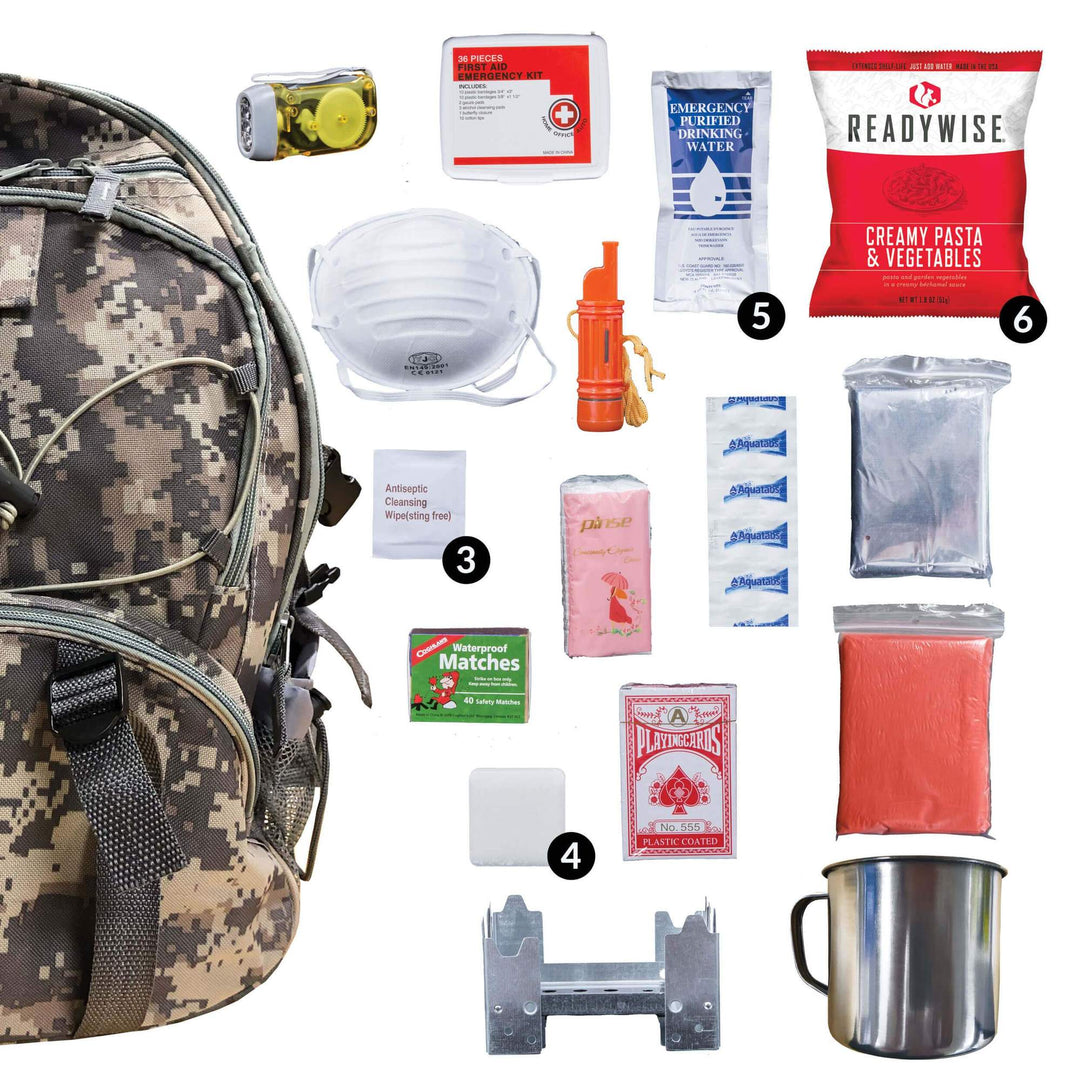 Camo 64-Piece Survival Backpack | Emergency Bug-Out Bag with Food, Water & First Aid | Complete Outdoor Survival Kit