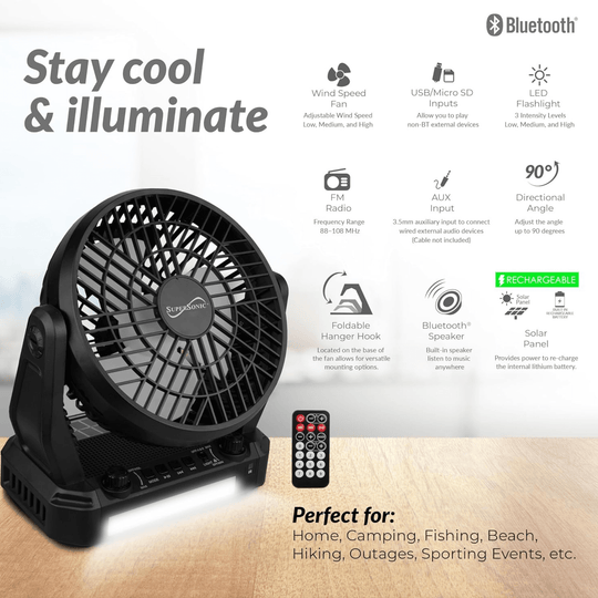 Solar Powered Bluetooth Speaker | Portable Fan & LED Flashlight | All-in-One Outdoor Entertainment & Lighting
