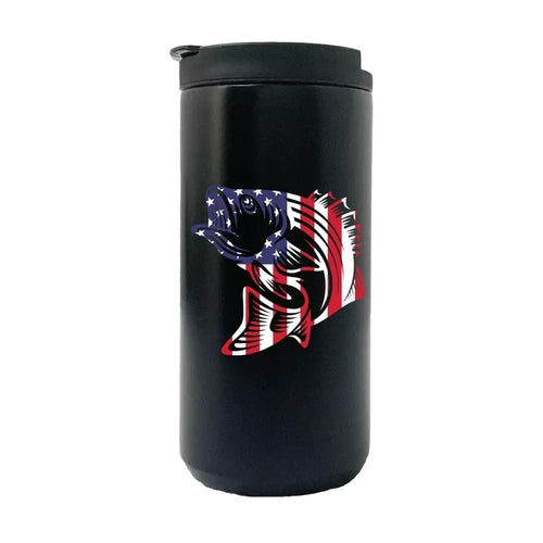 American Flag Fish 14oz Insulated Coffee Tumbler | Stainless Steel Travel Mug | Patriotic Outdoor Drinkware