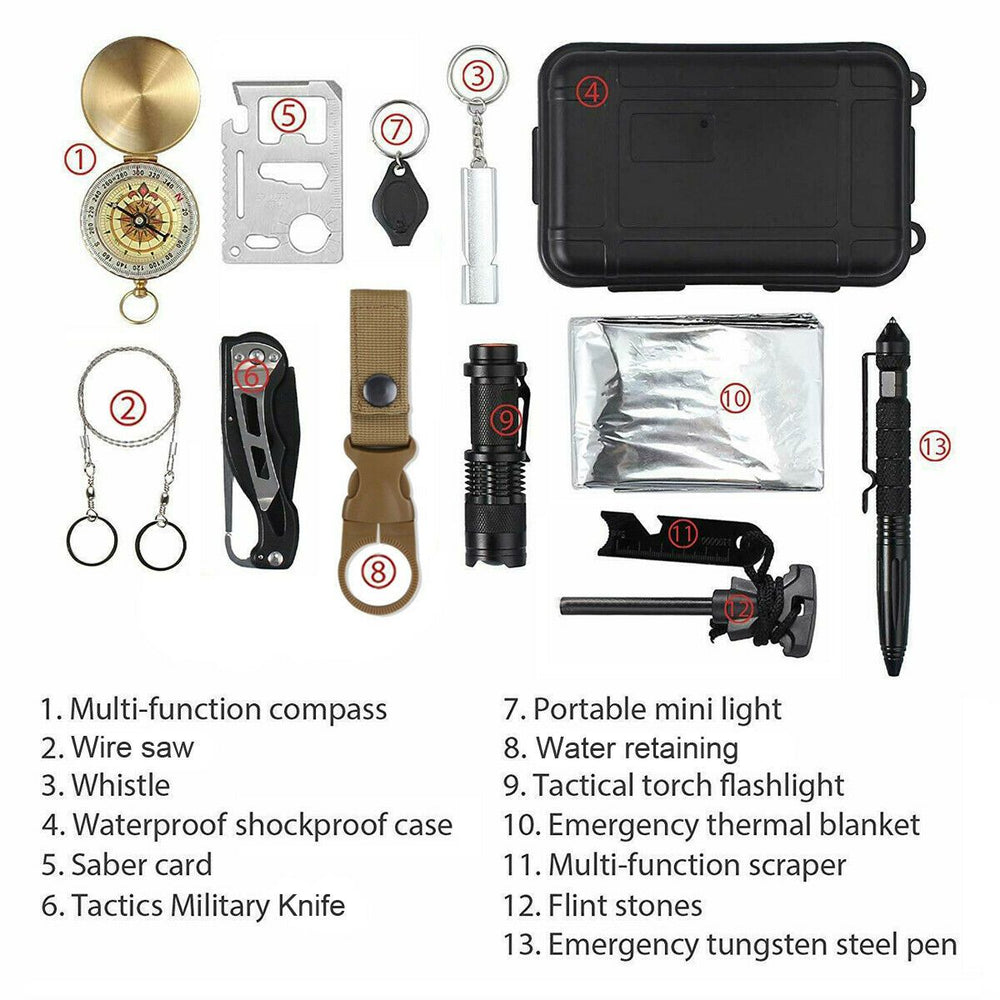 14-in-1 Outdoor Emergency Survival & Safety Gear Kit | Compact Camping & Hiking Essentials | Multi-Tool Adventure Preparedness Set